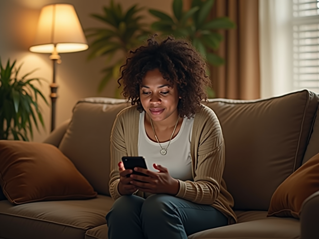 Woman smiling while looking at smartphone, sitting on couch in cozy living room.