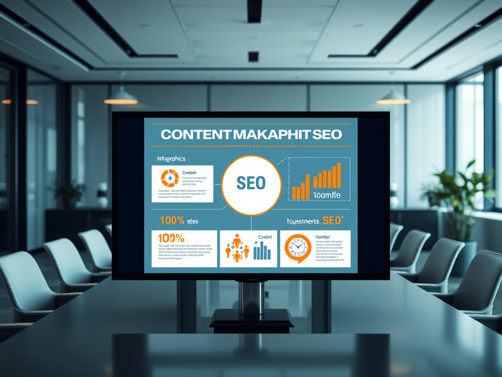 An infographic titled "Content Makaphit SEO," featuring metrics and SEO strategies in a modern office setting.