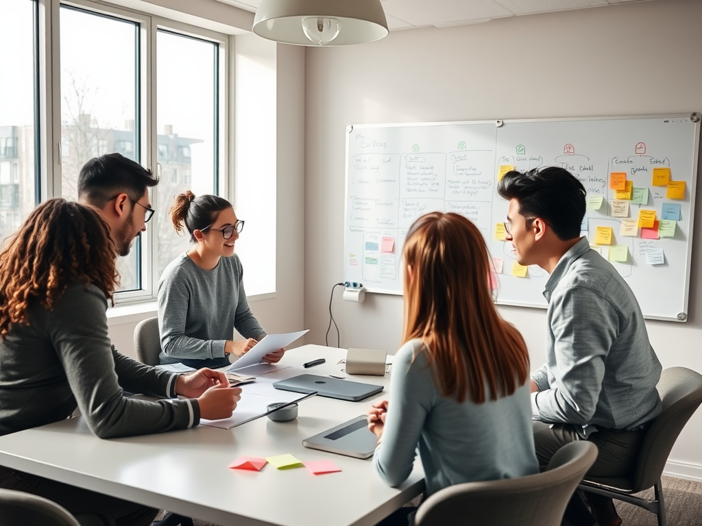 A group of four people engaged in a meeting, discussing notes in a bright, modern conference room.