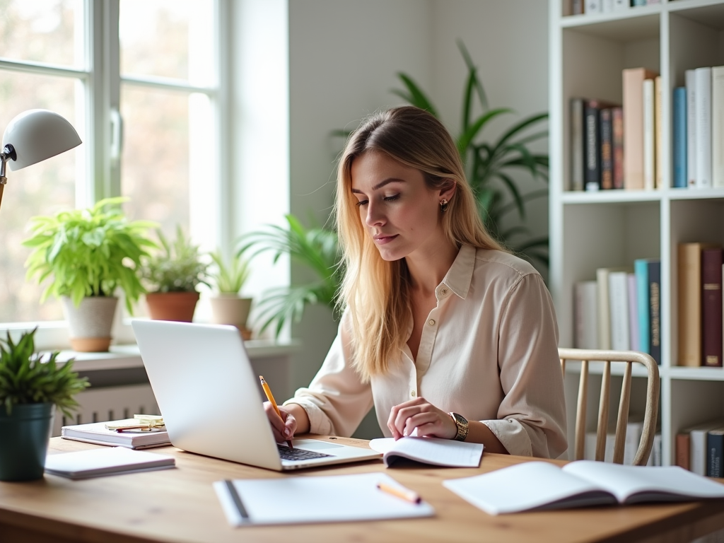 A woman with long hair works on her laptop in a sunlit room filled with plants and books.