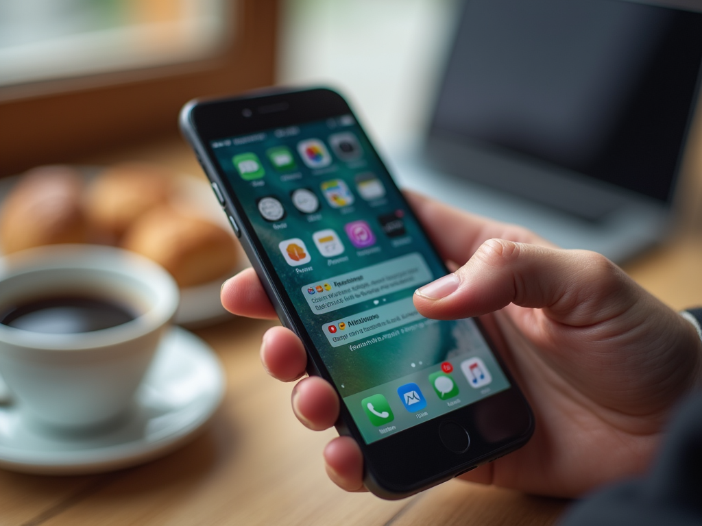 Close-up of a hand holding a smartphone with app icons visible; a cup of coffee and croissants are in the background.