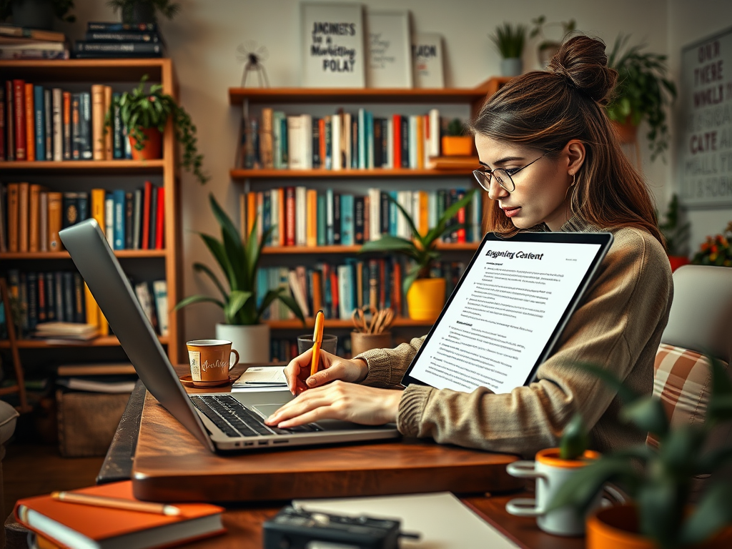 A woman with glasses writes notes while working on a laptop, surrounded by books and plants in a cozy room.