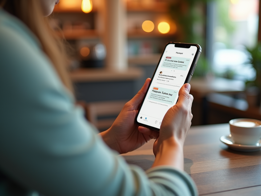 Woman in a cafe browsing a finance app on her smartphone, with a coffee cup in the background.