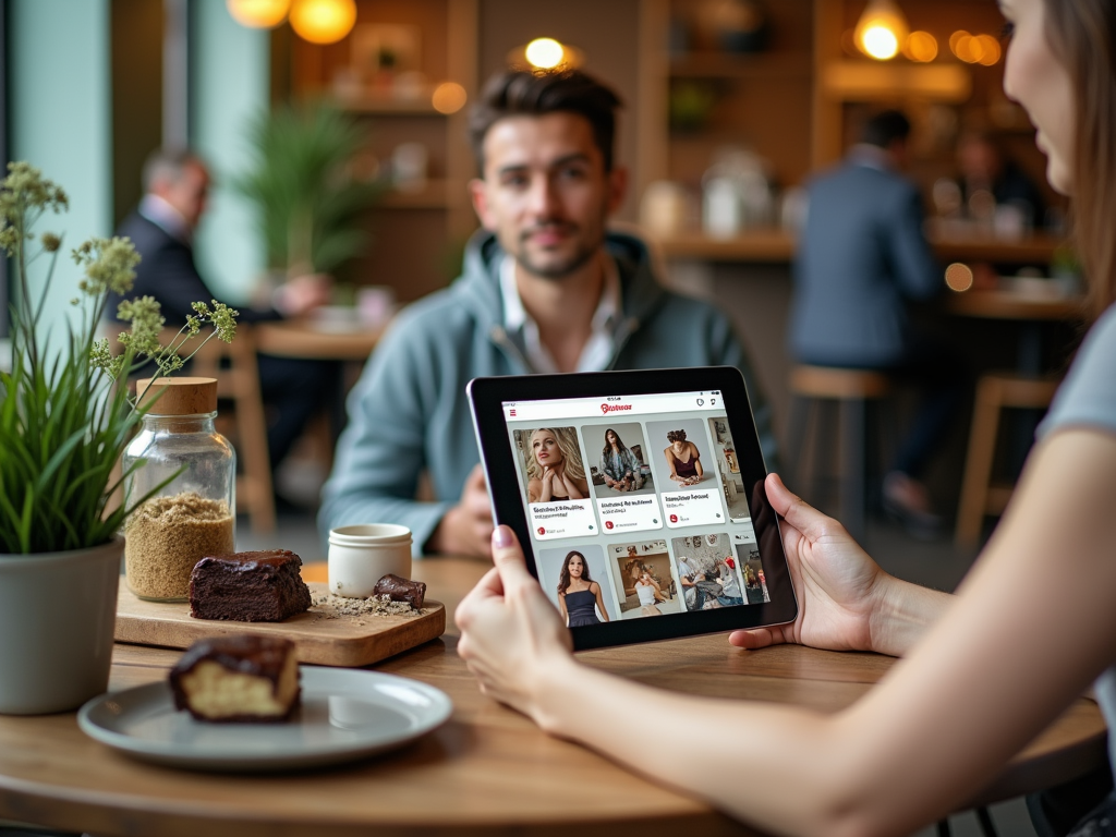 Woman showing tablet with clothing website to man in busy café, desserts on table.