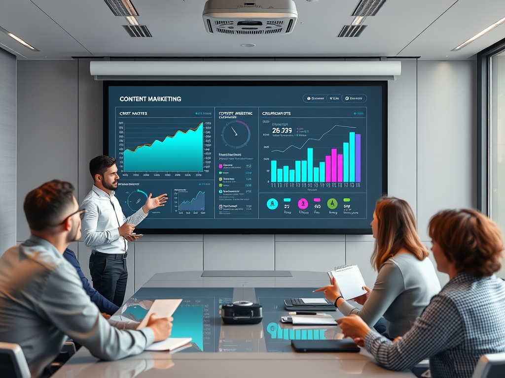 A man presents marketing data on a screen to a group in a modern conference room.