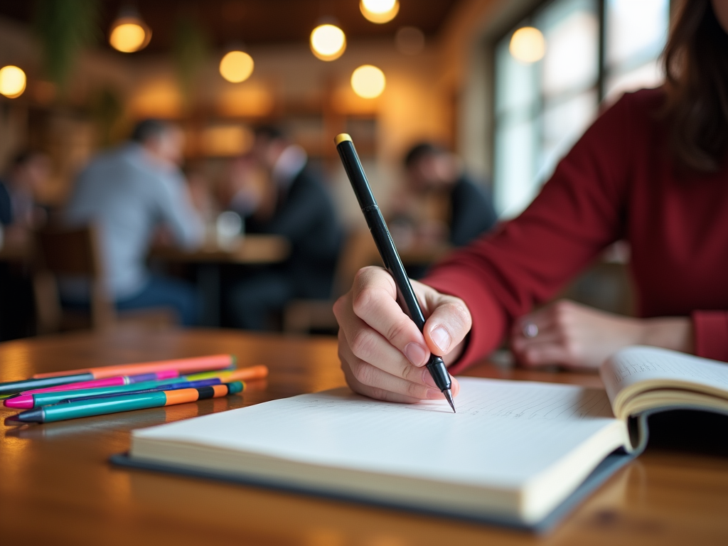 A person writes in a notebook with a pen, surrounded by colorful pens, in a busy café setting.