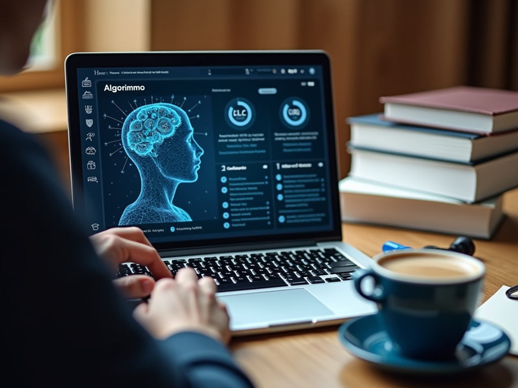 A person typing on a laptop displaying a digital brain graphic, with books and a coffee cup in the background.