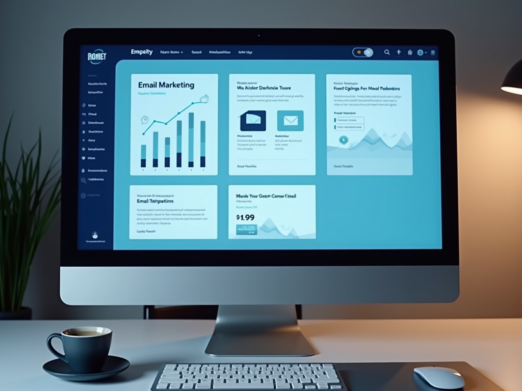 Desktop monitor displaying an email marketing dashboard, with a coffee cup and keyboard.