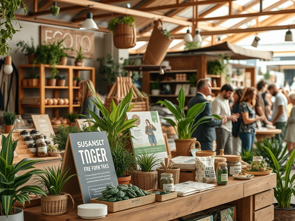 A cozy market stall displays plants, jars, and eco-friendly products, with people browsing in a bright, airy space.