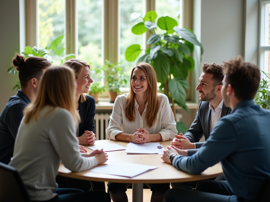 Group of five young professionals in a well-lit room with large windows, engaging in a friendly meeting.