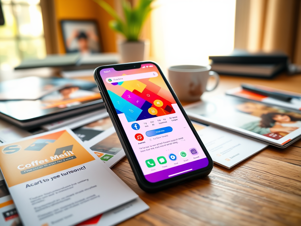 A smartphone displaying a colorful app interface on a wooden desk cluttered with documents and a coffee cup.