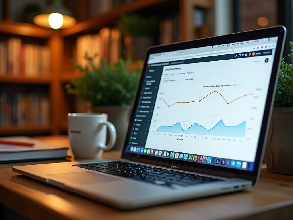 Laptop on a desk displaying graphs, with a coffee cup and books in a cozy setting.