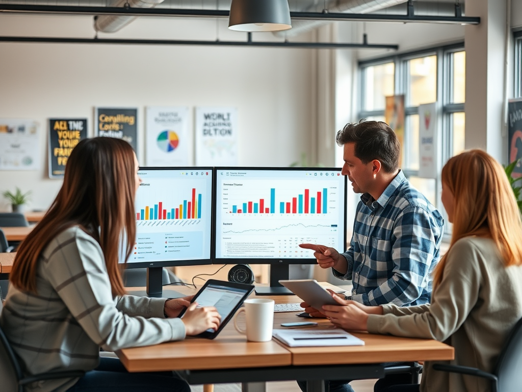 A man explains data on screens to two women, who are using tablets in a modern office setting with charts visible.