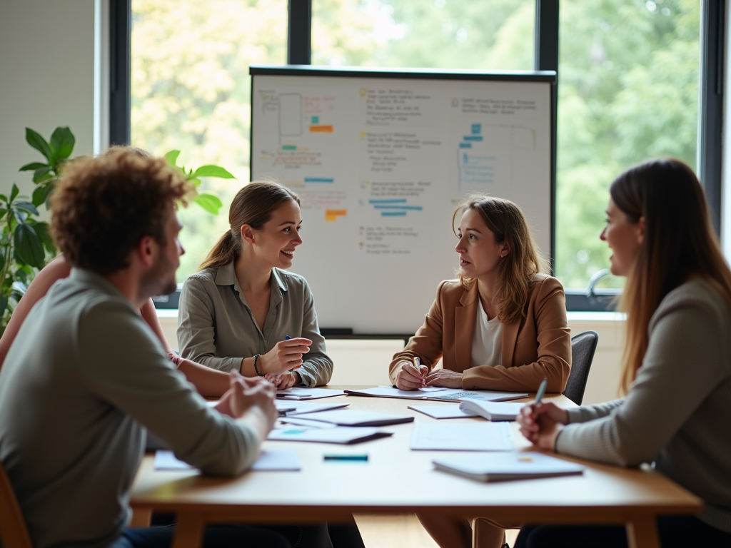 A diverse group of professionals engaged in a meeting, discussing ideas with a whiteboard in the background.