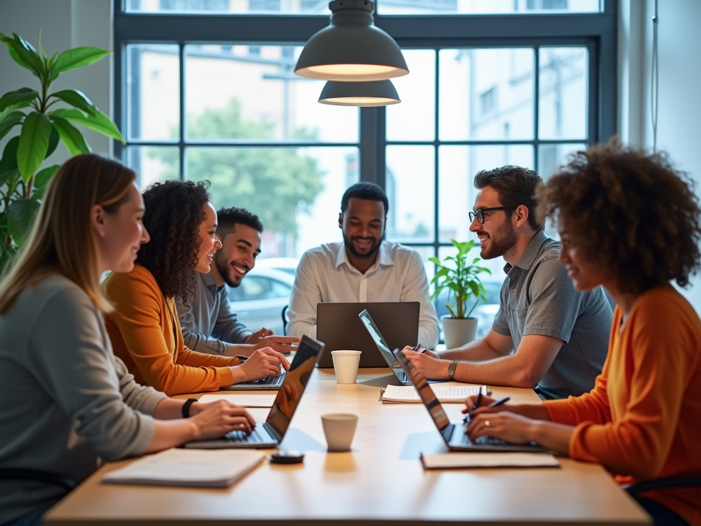 A group of six professionals collaborates around a table, using laptops and discussing ideas in a bright office.