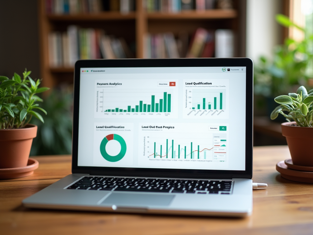 Laptop on a wooden desk displaying graphs and analytics, surrounded by potted plants in a cozy room.