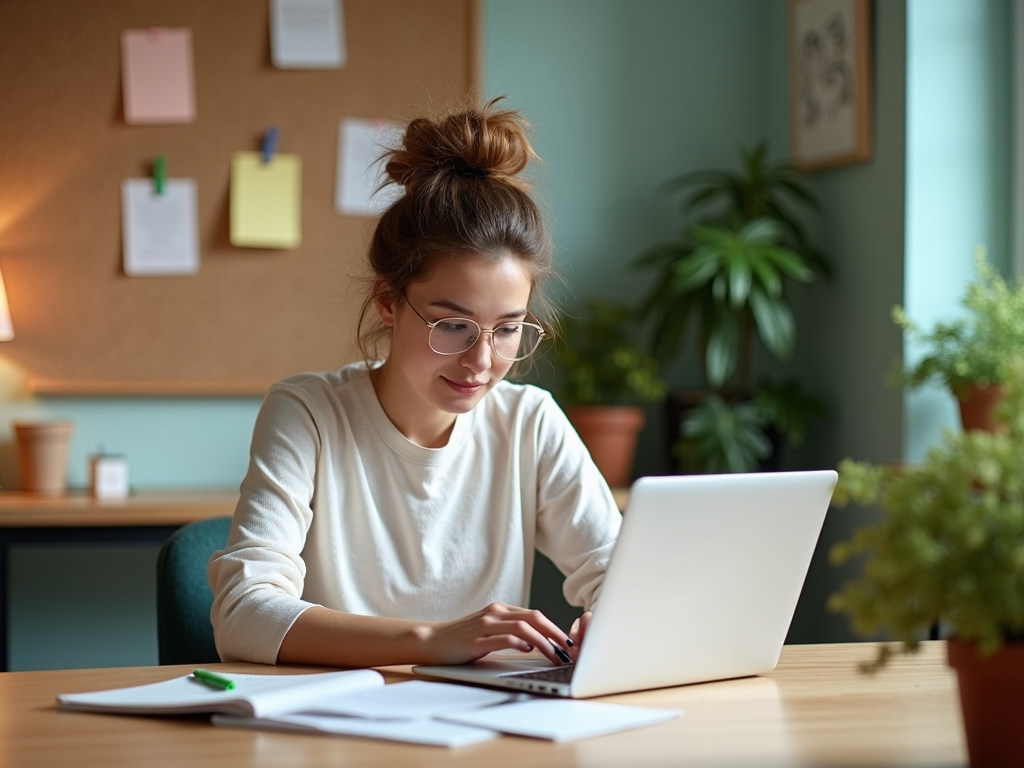 Young woman with glasses working intently on her laptop in a cozy, plant-filled room.