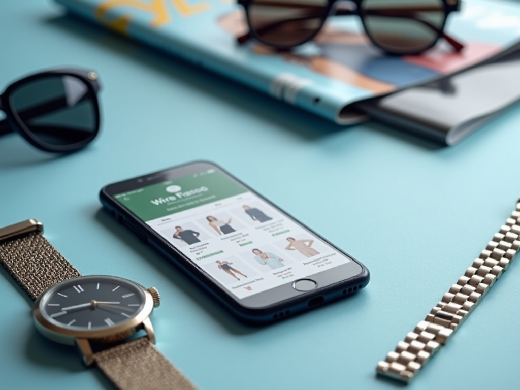 Close-up of a smartphone with a fashion app open, surrounded by a watch, sunglasses, and notebooks on a teal background.