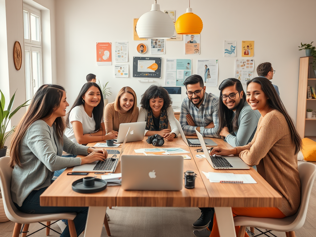 A diverse group of eight people collaborating at a table with laptops, smiling, in a modern office setting.