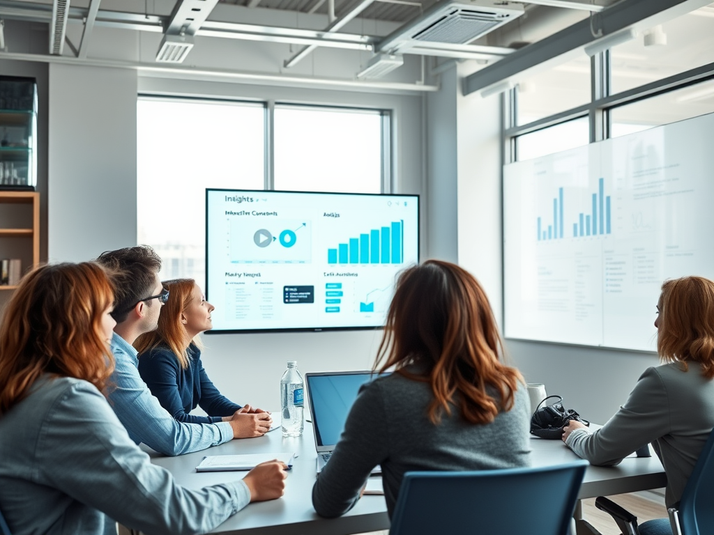 A group of people in a conference room watching a presentation with graphs and data insights on a screen.
