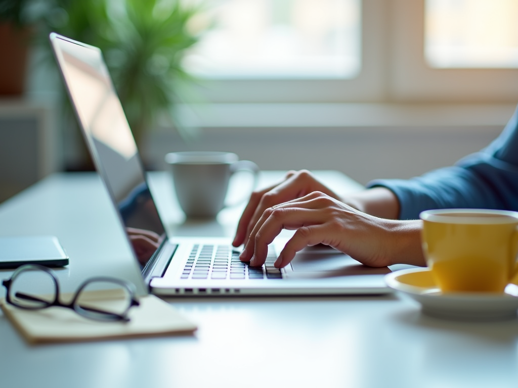 A person typing on a laptop at a desk with a cup of coffee, glasses, and a notepad in a bright room.