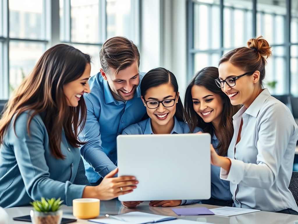 A group of five professionals smile and collaborate while viewing a laptop in a bright, modern office setting.