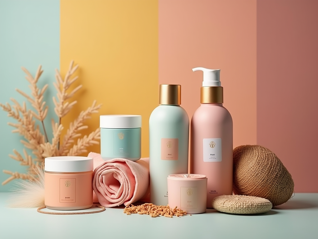 Pastel-colored skincare products displayed with towels, a candle, and decorative items on a two-tone background.