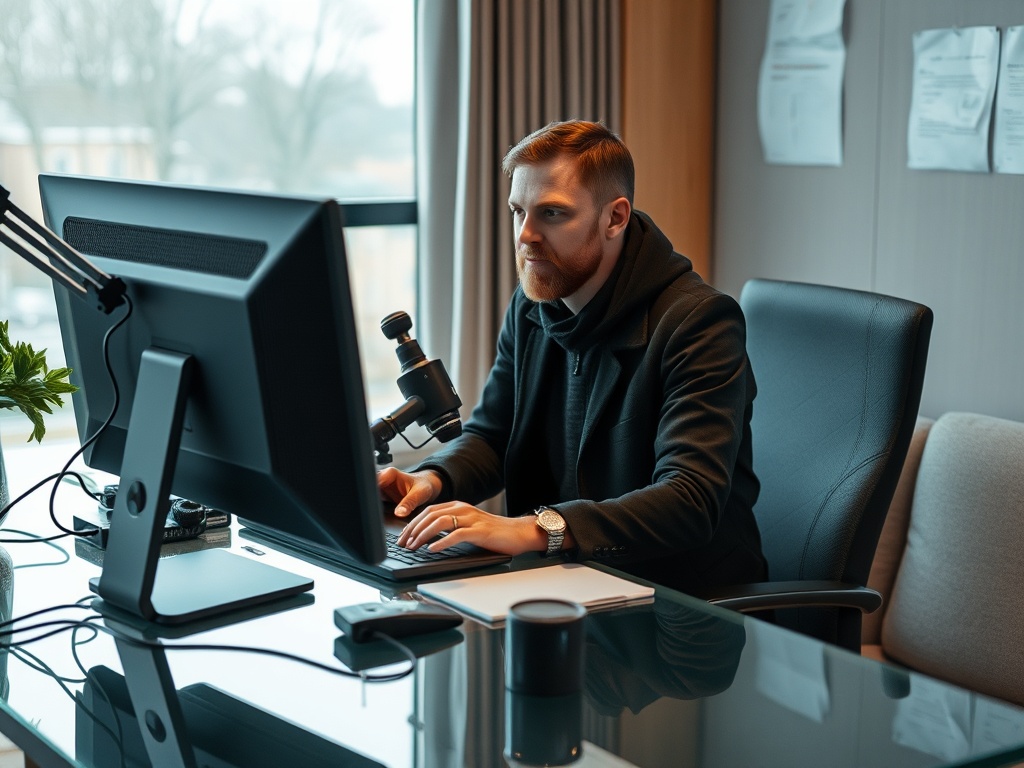 A man with a beard works focused at a modern desk, using a computer and a microscope in a stylish office.