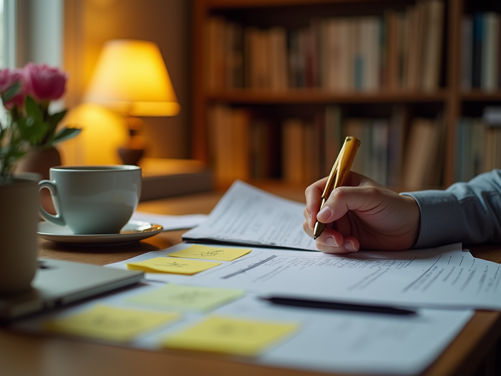 A hand holds a golden pen over papers with sticky notes, a cup of coffee, and a plant in a cozy workspace.