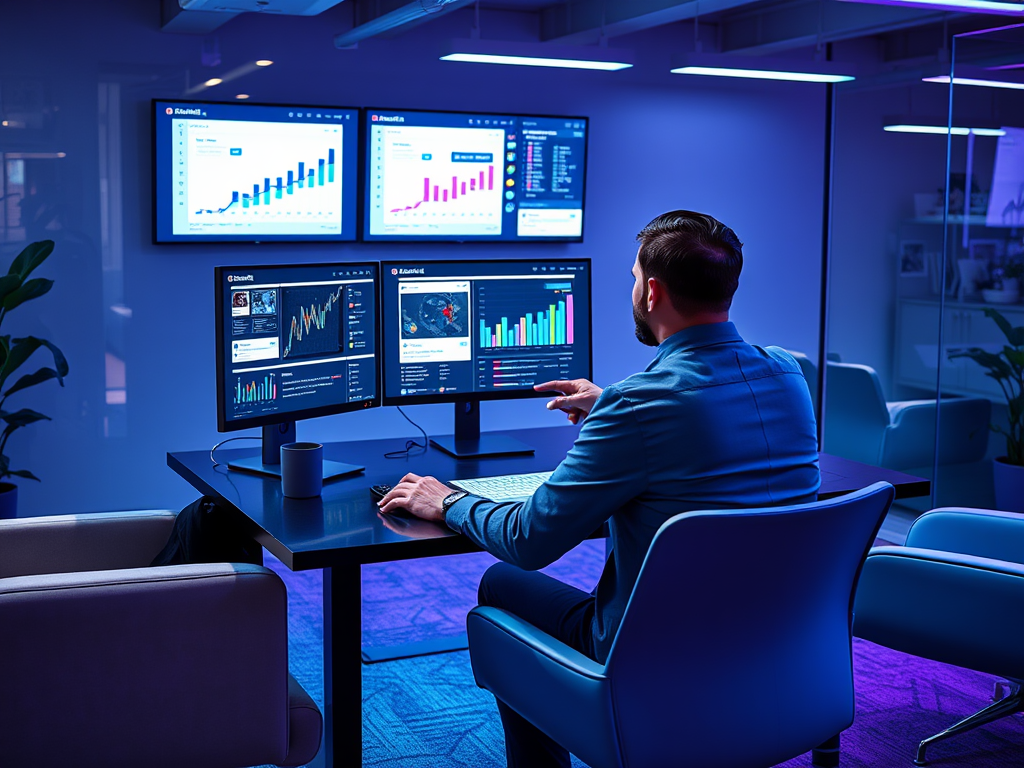 A person sitting at a desk with multiple screens displaying charts and data in a modern, dimly-lit office.