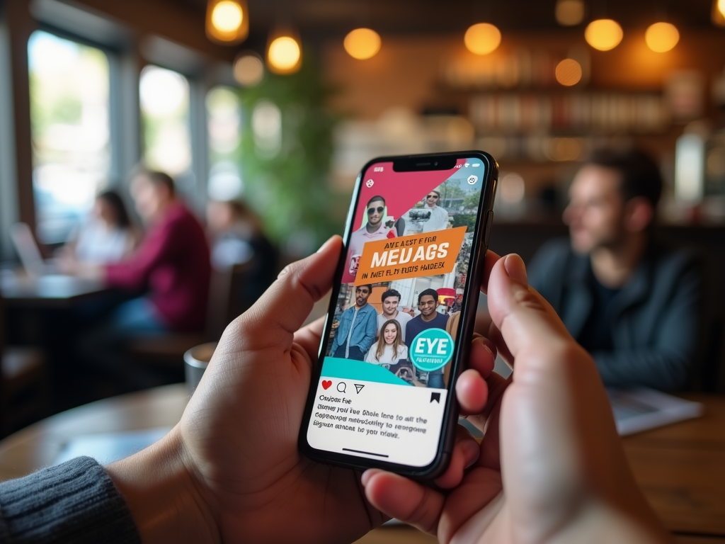 Close-up of a hand holding a smartphone displaying a social media app, inside a cafe.