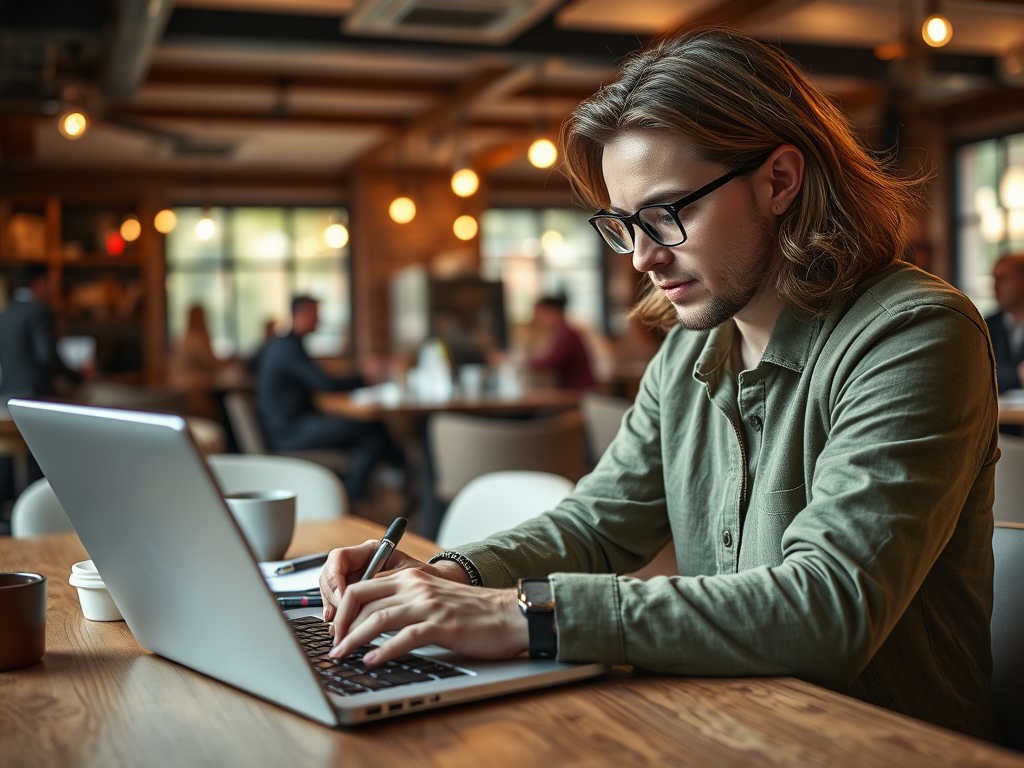 A young man with glasses works on a laptop in a modern cafe, focused on his task with a pen in hand.