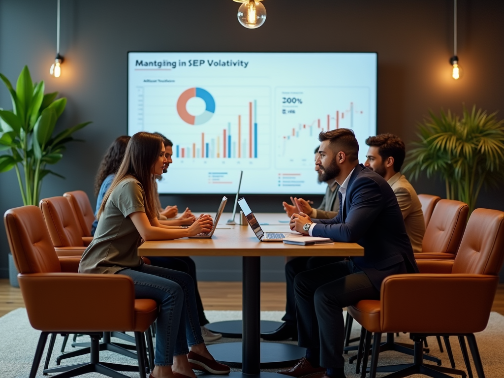 A business meeting with four professionals at a table, discussing charts displayed on a screen in a modern room.