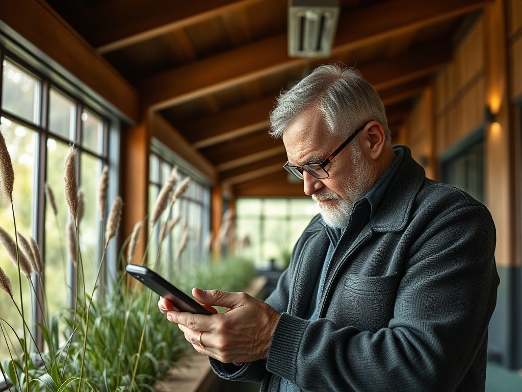 A middle-aged man with glasses checks his phone while standing among plants in a sunlit, modern interior.