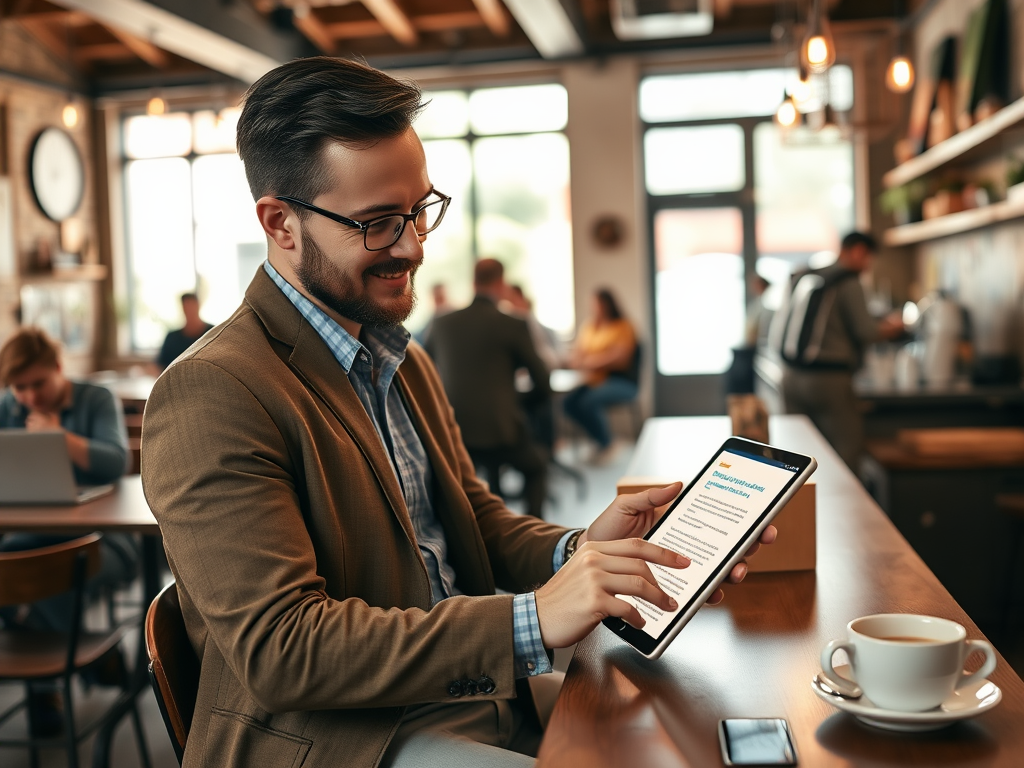 A man in a brown blazer smiles while using a tablet in a café, with a cup of coffee nearby.