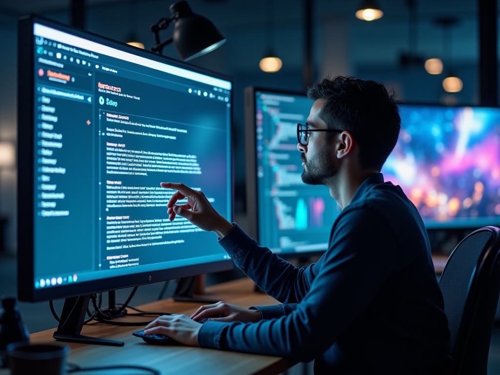 Man pointing at computer screen with code in a dark office.