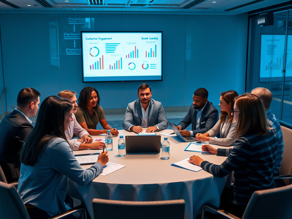 A group of professionals discusses data and strategies around a table in a modern meeting room with charts displayed.