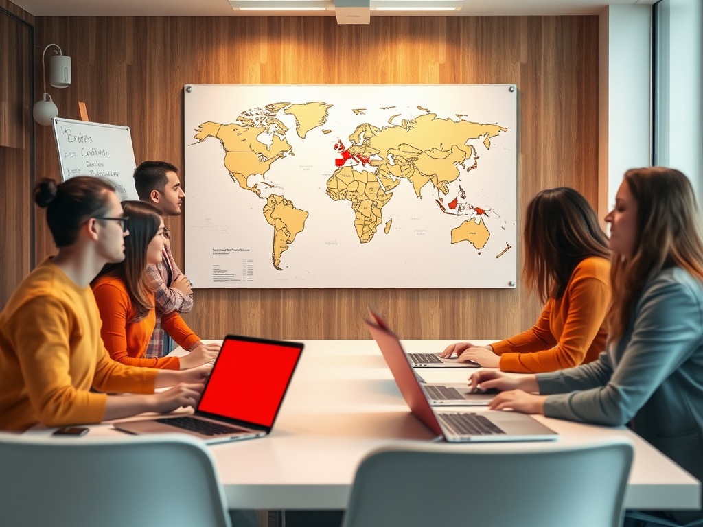 A group of people in orange shirts sits at a table with laptops, discussing a world map on the wall.