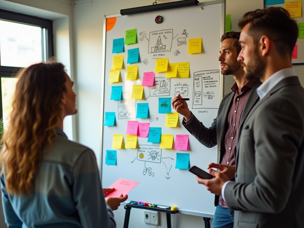 Three professionals brainstorming with sticky notes and diagrams on a whiteboard in a bright office.