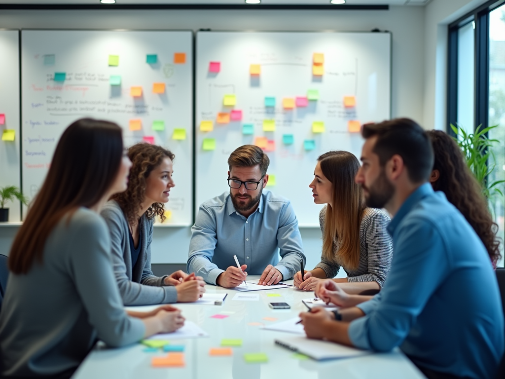 Team of five professionals collaborating at a table with colorful sticky notes on a whiteboard in background.