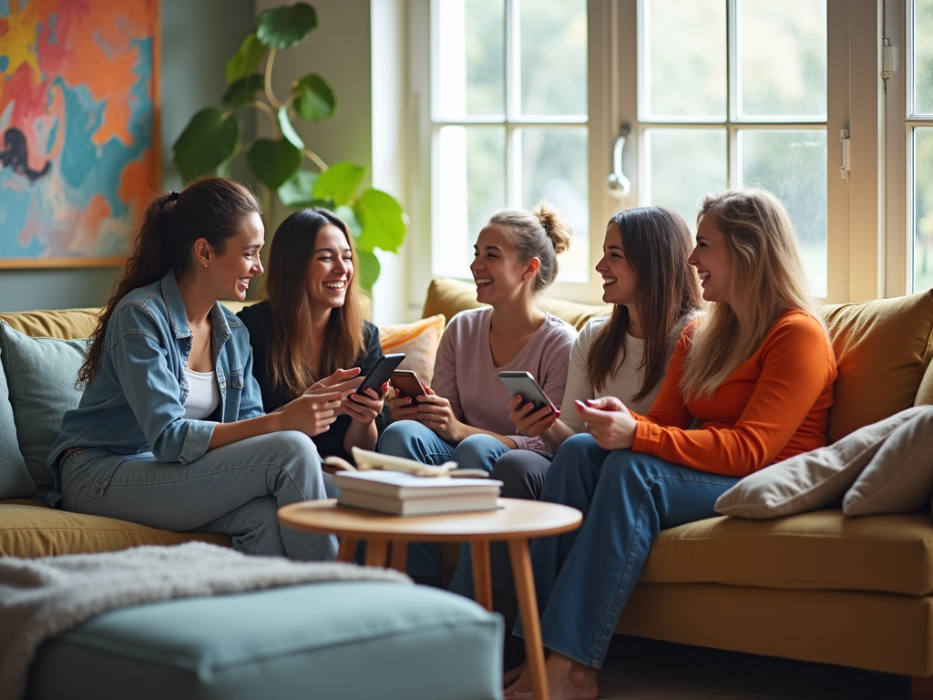 Group of five women sharing a laugh together on a couch, looking at smartphones in a cozy living room.