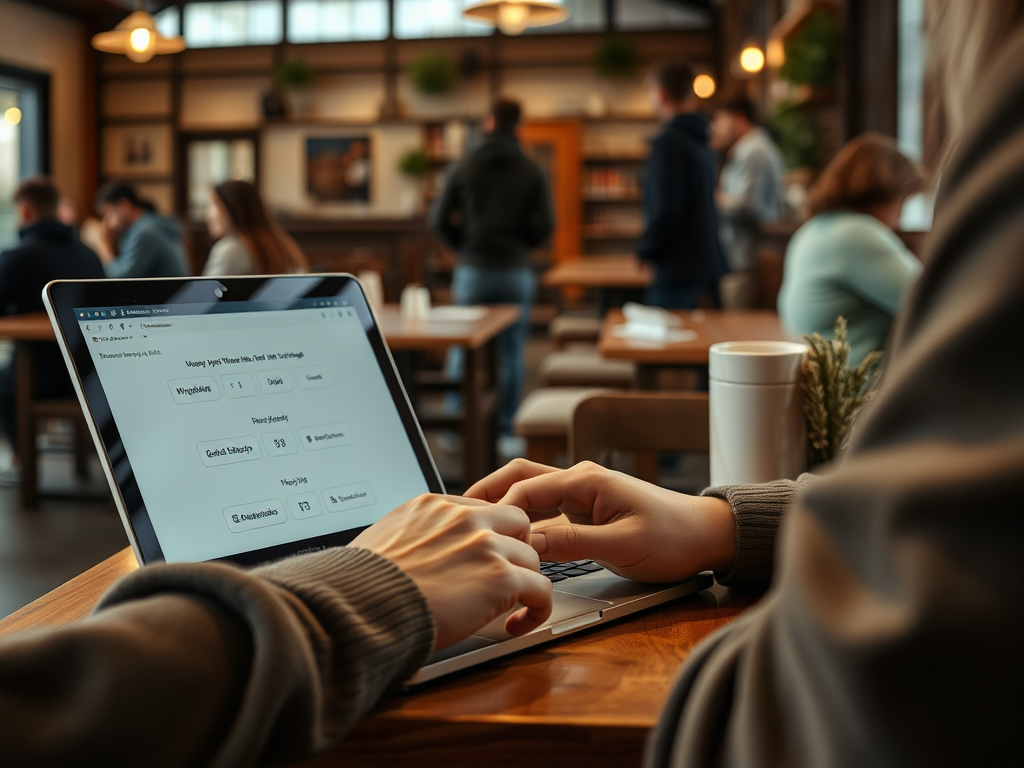 A person types on a laptop in a cozy cafe with customers chatting in the background and warm lighting.