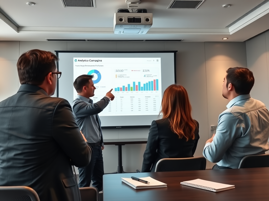 A group of professionals watches a presentation on analytics campaigns in a modern meeting room.