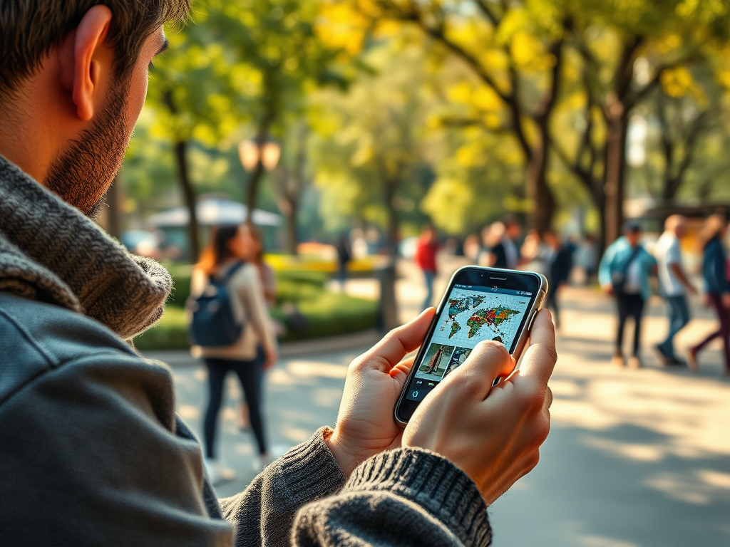 A person wearing a sweater holds a smartphone displaying a map while walking through a busy park.